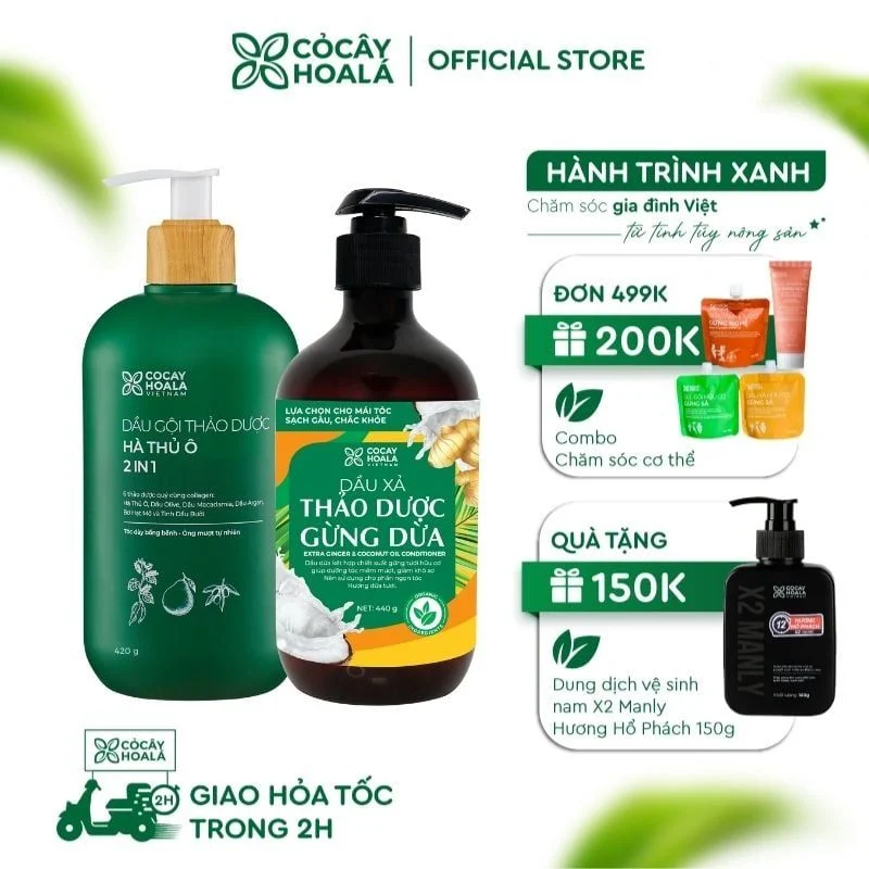 Combo Dầu Gội 2in1 Hà Thủ Ô 420g + Dầu Xả Gừng Dừa 440g - Thảo Dược Cỏ Cây Hoa Lá