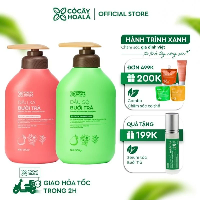 Combo Dầu Gội & Xả Thảo Dược Bưởi Trà 500g - Phục Hồi Tóc Hư Tổn - Cỏ Cây Hoa Lá