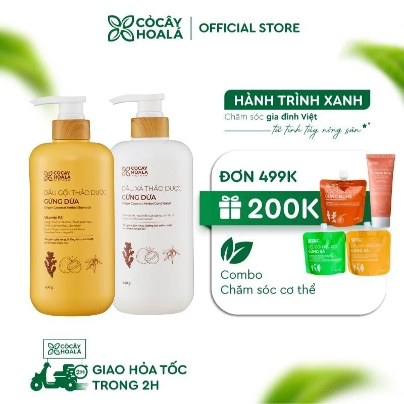 Dầu Gội Xả Thảo Dược Gừng Dừa Cỏ Cây Hoa Lá 650g – Trị Gàu Ngứa, Ngăn Rụng Tóc Hiệu Quả