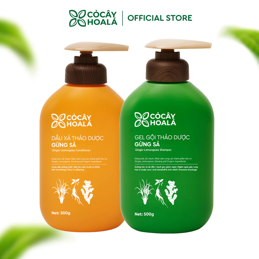 Bộ Dầu Gội Xả Gừng Sả Thảo Dược 500g Cỏ Cây Hoa Lá – Giảm Bết Dầu, Cho Tóc Suôn Mượt Tự Nhiên