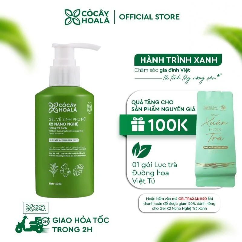 Dung Dịch Vệ Sinh Phụ Nữ Gel X2 Nano Nghệ Hương Trà Xanh Cỏ Cây Hoa Lá 150ml – Củng Cố Lợi Khuẩn, Ngừa Nấm