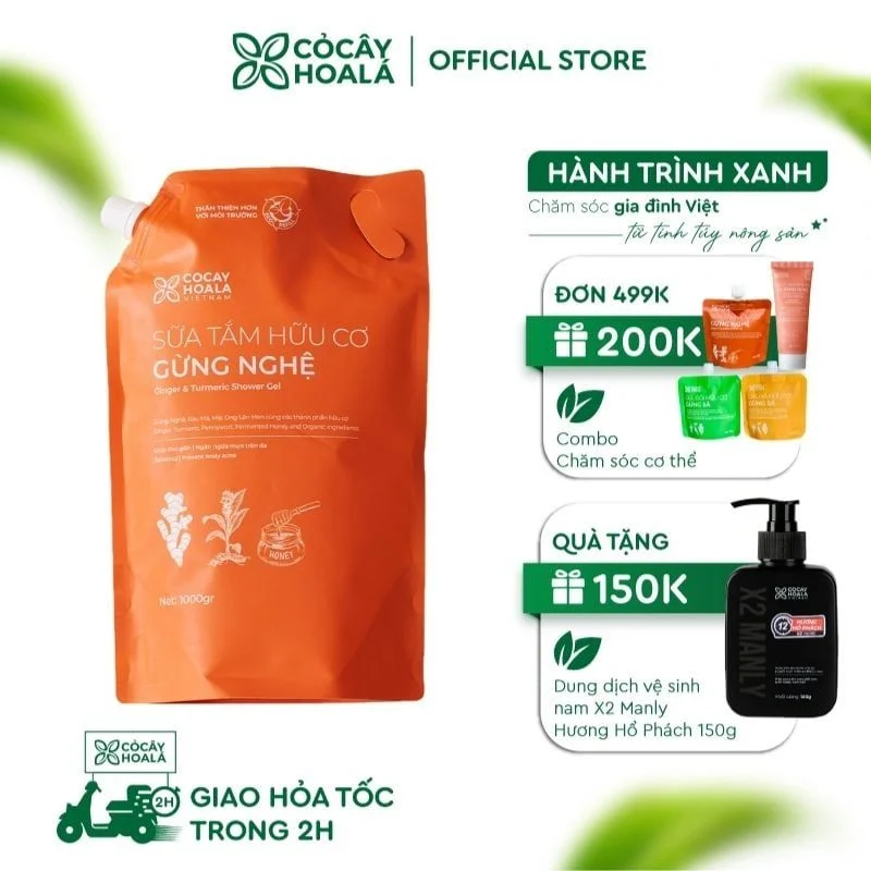 Sữa Tắm Thảo Dược Gừng Nghệ Cỏ Cây Hoa Lá 1000g Làm Sạch Sâu, Ngăn Ngừa Mụn Trên Da